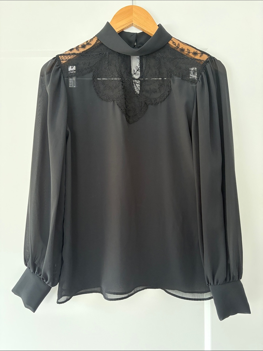Vintage Sheer Lace Yoke Mock Neck Blouse